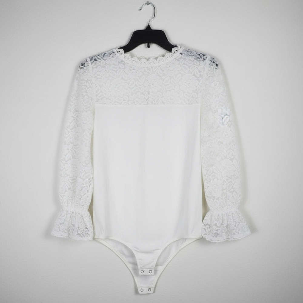 Express Floral Lace Puff Sleeve Bodysuit White Medium